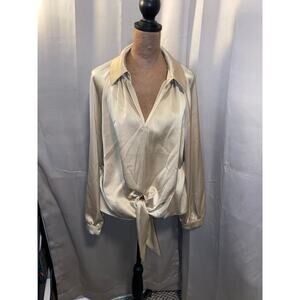 Anne Klein Champagne Satin Tie Front Blouse Size L EUC